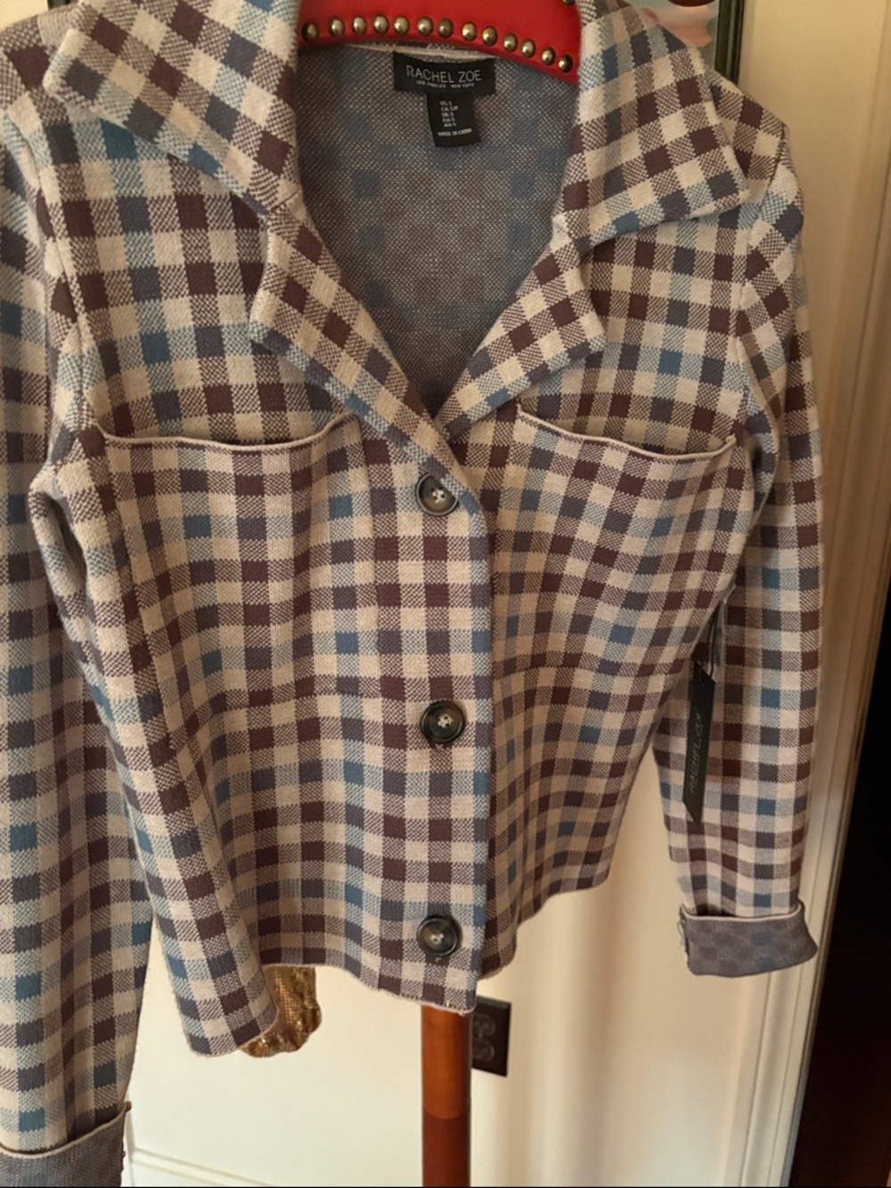 Rachel Zoe Blue and Brown Checked Button-Front Shirt Jacket